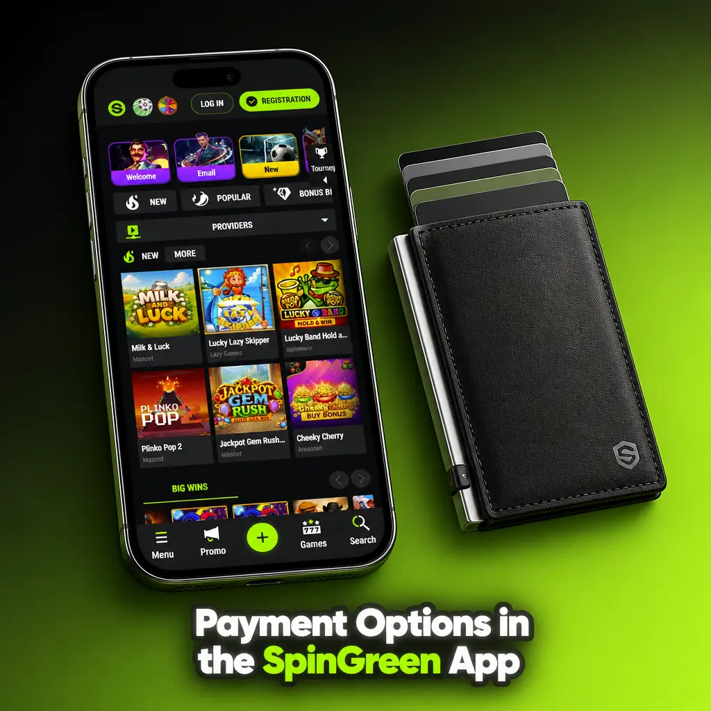 SpinGreen app payment options including Visa, Mastercard, PayID, Neosurf, Bitcoin, USDT, Ethereum and Skrill for Australian players
