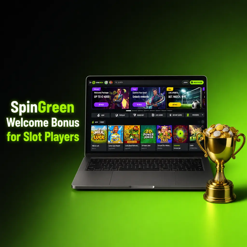 SpinGreen welcome bonus banner showing four-part deposit offer with free spins and match bonuses for slot players